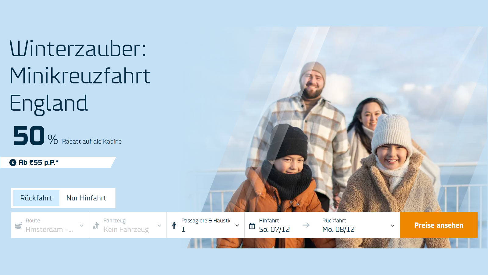 DFDS Winterangebot mit 50% Rabatt auf die Minikreuzfahrt von Amsterdam nach Newcastle.