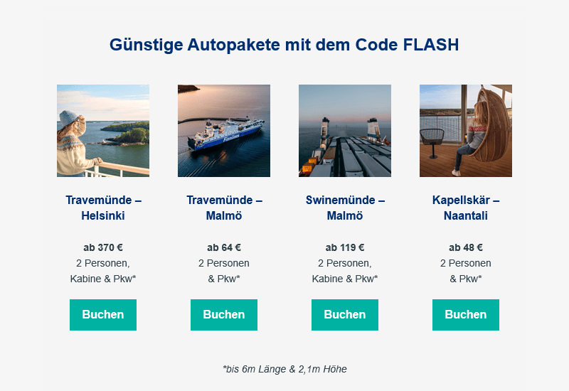Übersicht der Finnlines Flash Sale Angebote.
