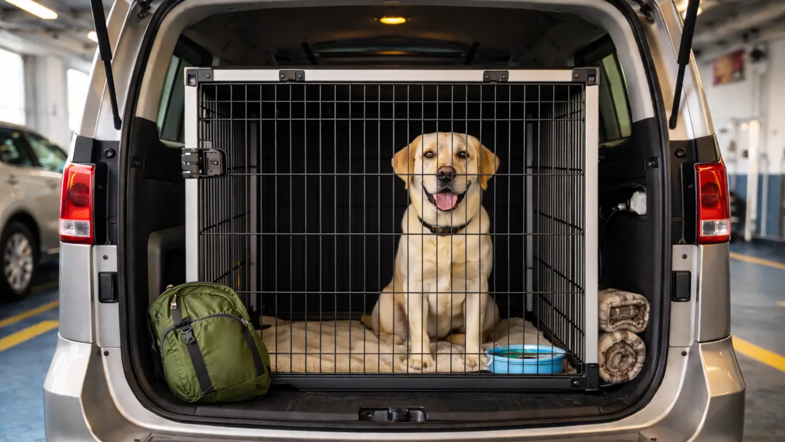 Ein Labrador sitzt entspannt in einer Hundetransportbox im Kofferraum eines Vans auf dem Autodeck der Scandlines-Fähre. So ist die sichere Mitnahme von Hunden während der Überfahrt gewährleistet.