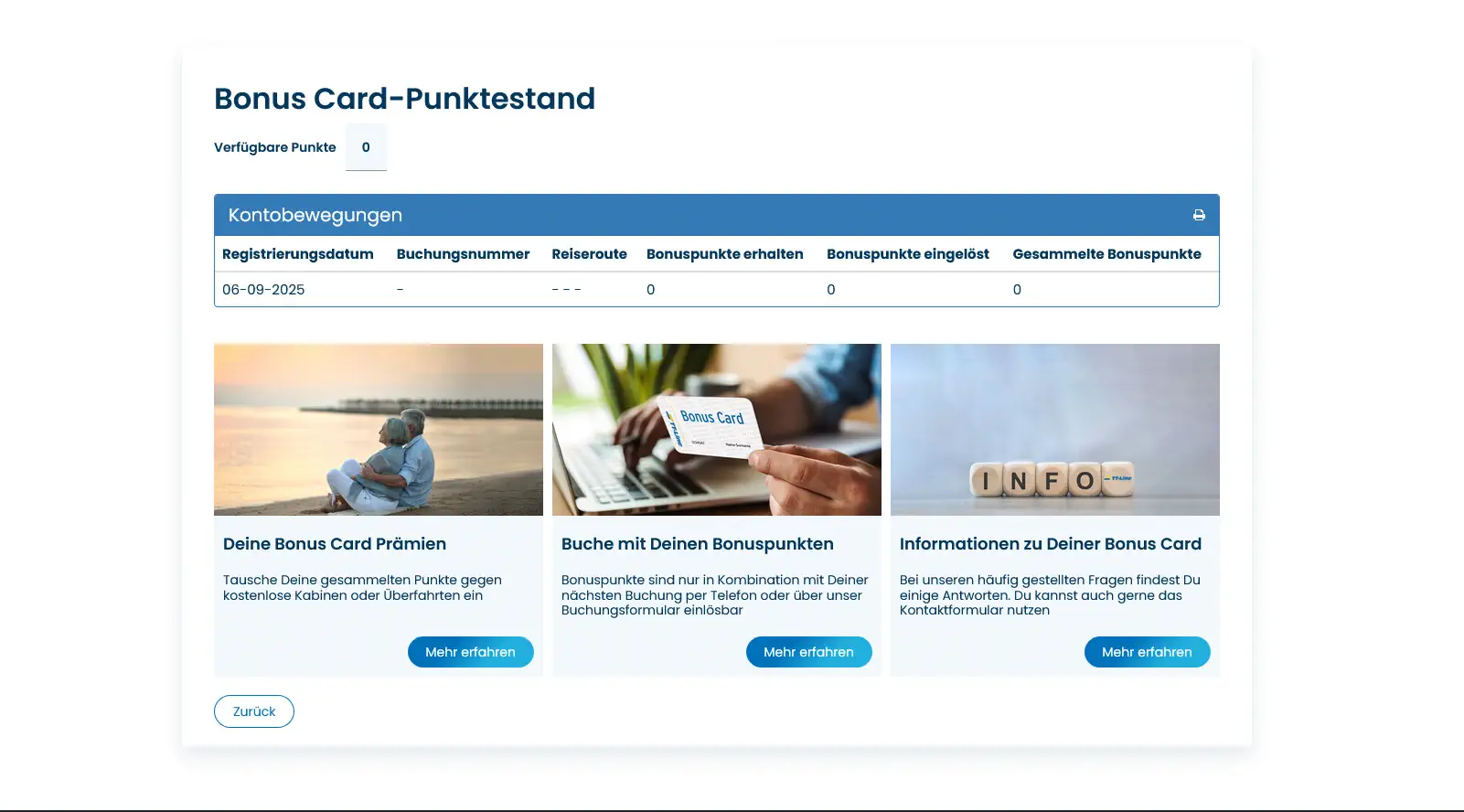 Mijn TT-Line Bonuscard - overzicht van je puntensaldo.
