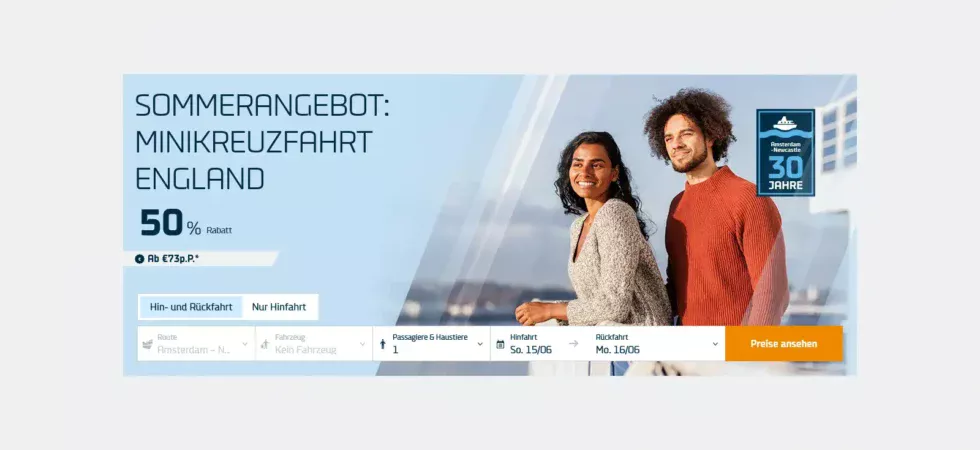 Das DFDS-Sommerangebot: 50 % Rabatt auf die Minikreuzfahrt von Amsterdam nach Newcastle.